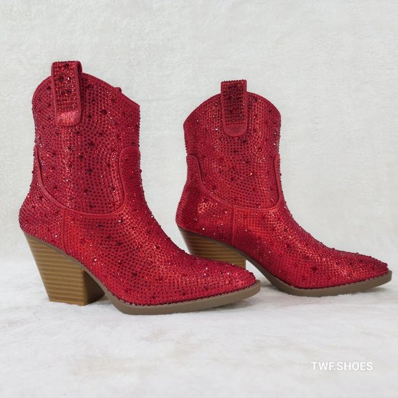 Dolly Red Rhinestone Glitter Disco Cowgirl Country Western Ankle Boots - Picture 9 of 11